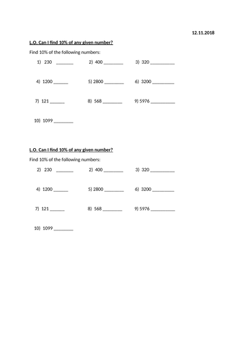 Year 5/6 Percentages - Working out 10%, 5% and 1% to work out bigger problems.