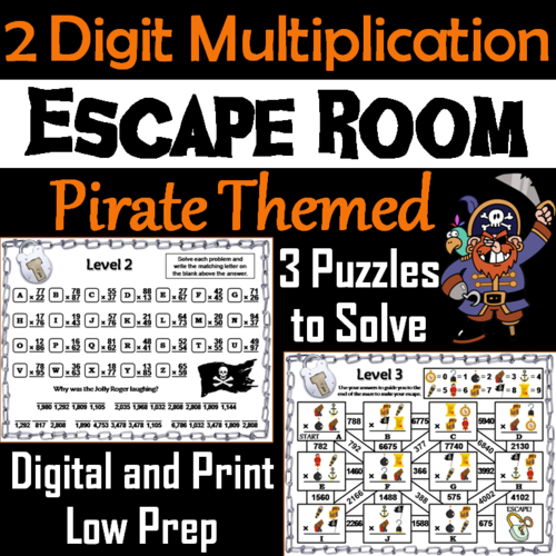 Two Digit Multiplication Activity: Pirate Themed Escape Room Math