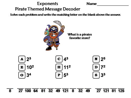 Exponents Activity: Pirate Themed Math Message Decoder