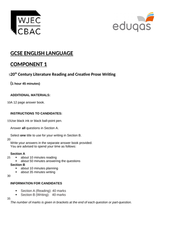 Eduqas iGCSE English Language Component 1 Practice Examination Paper (20th Century Literature Readin