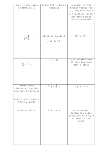 SATs Maths Revision Starters x 5 days