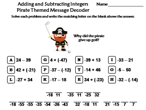 Adding and Subtracting Integers Activity: Pirate Themed Math Message Decoder