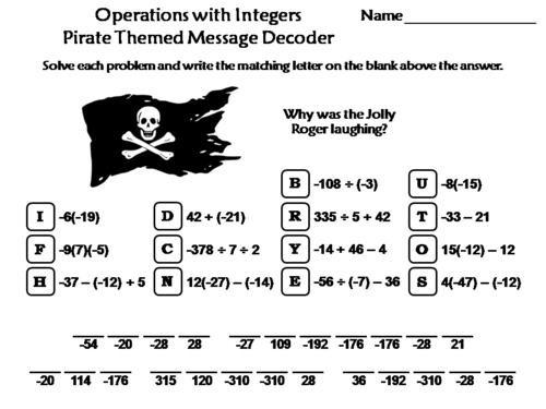 Operations with Integers Activity: Pirate Themed Math Message Decoder