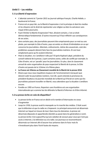 French Edexcel Alevel Unité 5 Les Médias Revision notes, summary, facts