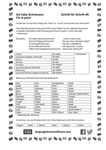 German - Describing pain - Ich habe Schmerzen (I'm in pain) | Teaching ...