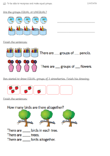 year 1 multiplication making equal groups worksheet and extension