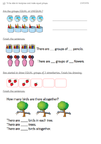 Year 1 Multiplication Making Equal Groups Worksheet and Extension