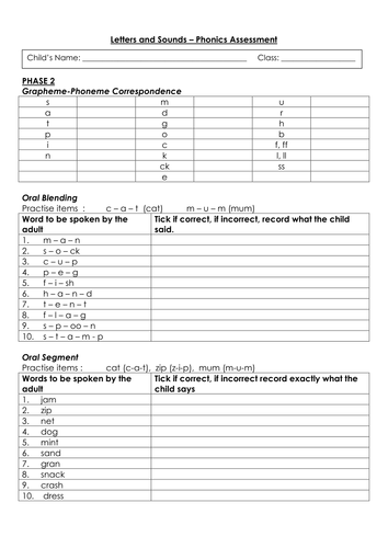 Letters and Sounds Phonics Assessment Sheets