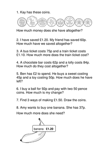 Year 2 Money Problems Lesson