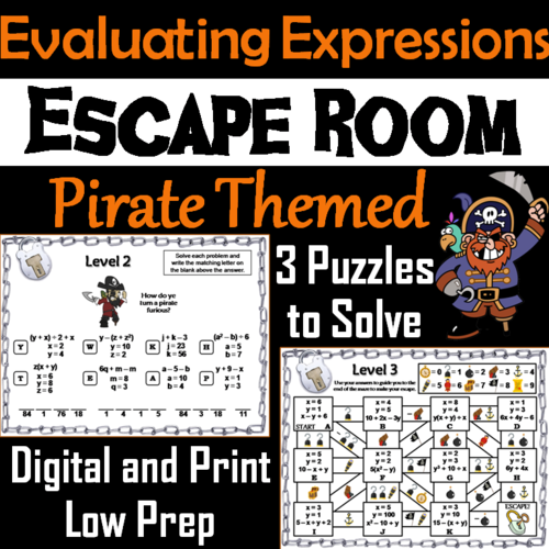 Evaluating Algebraic Expressions Activity: Pirate Themed Escape Room Math