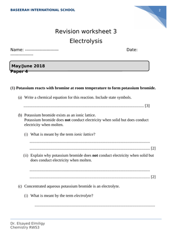 Electrolysis worksheet | Teaching Resources