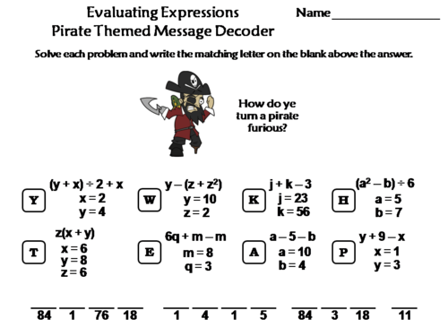 Evaluating Algebraic Expressions Activity: Pirate Themed Math Message Decoder