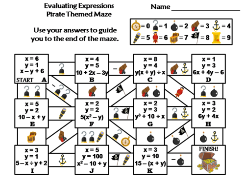 Evaluating Algebraic Expressions Activity: Pirate Themed Math Maze