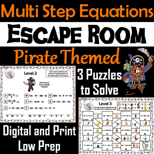 Solving Multi Step Equations Activity: Pirate Themed Escape Room Math