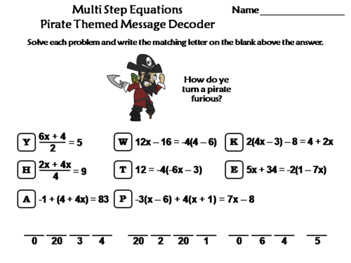 Solving Multi Step Equations Activity: Pirate Themed Math Message Decoder