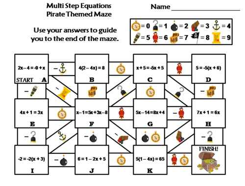 Solving Multi Step Equations Activity: Pirate Themed Math Maze