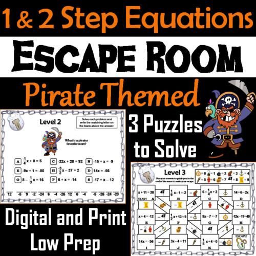 Solving One and Two Step Equations Activity: Pirate Themed Escape Room Math