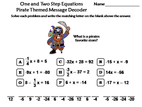 Solving One and Two Step Equations Activity: Pirate Themed Math Message Decoder