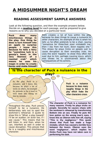 A MIDSUMMER NIGHT’S DREAM READING ASSESSMENT SAMPLE ANSWERS - character of Puck being a nuisance