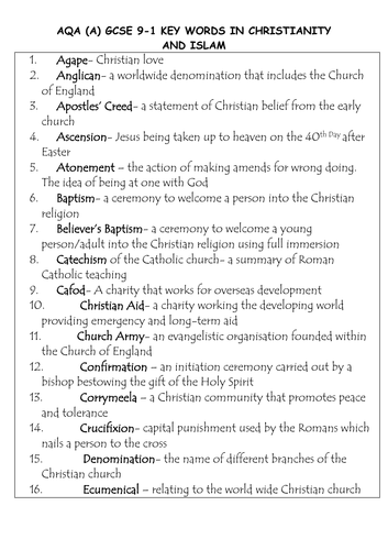 AQA (A)  9-1 GCSE RS KEY WORDS IN CHRISTIANITY AND ISLAM
