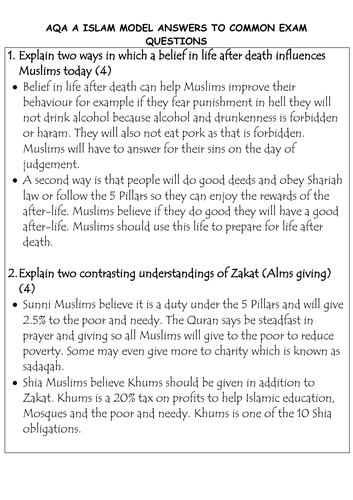 AQA (A) 9-1 GCSE Religious Studies MODEL ANSWERS ISLAM