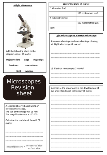 AQA Microscopes Revision Sheet (with answers)