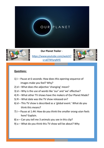Set of 10 KS1 Whole Class Reading Comprehensions using David Attenborough's Our Planet series!