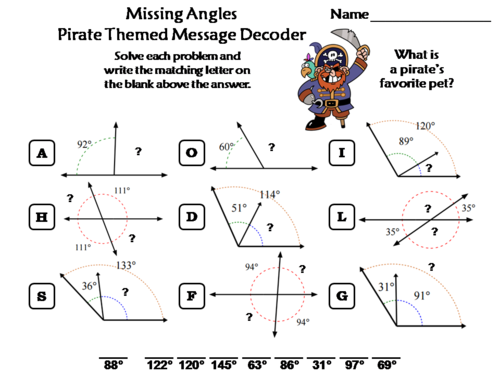 Missing Angles Activity: Pirate Themed Math Message Decoder