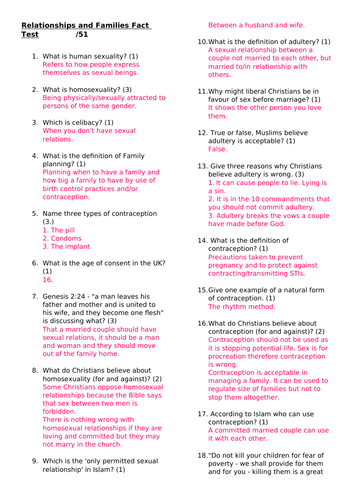 AQA Theme A Relationships and Families - Knowledge test with answers