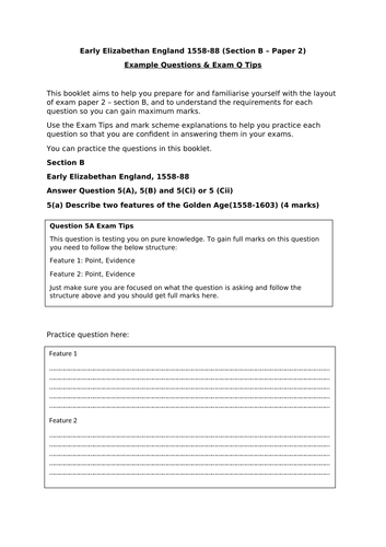 Edexcel GCSE Help - Elizabethan England exam tips and structure booklet.
