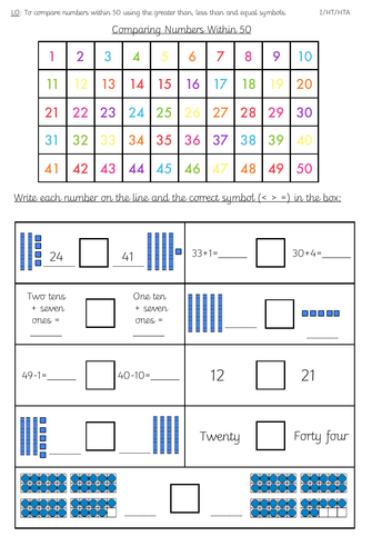 Year 1 Comparing Numbers Within 50 Differentiated Worksheets