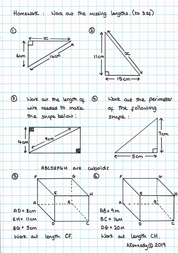TMA - Pythagoras' Theorem Homework and ANSWERS