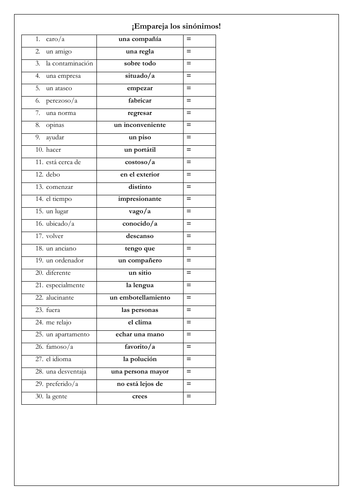 Spanish GCSE Synonym Match Up & Vocabulary Retrieval