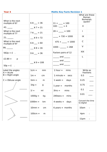 year 4 maths key facts revision sheets teaching resources