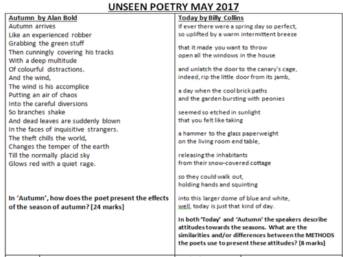 Unseen Poetry AQA May 2017 Exam Autumn and Today