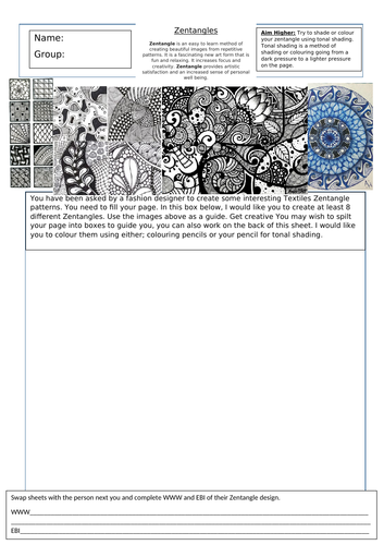 KS3 Textiles Cover Work, Zentangles. Worksheet, Drawing