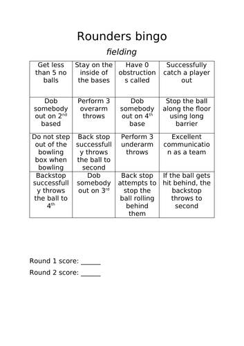 Rounders fielding BINGO