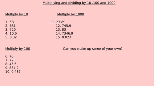 Multiplying and Dividing by 10, 100 and 1000 Activities