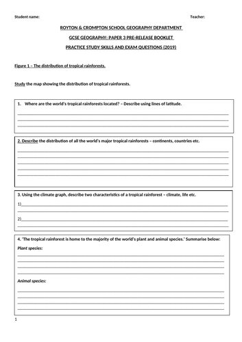 2019 - AQA Geography Pre-release practice exam paper (tropical rainforests)