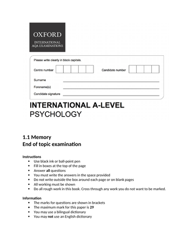Oxford International AS Psychology - Memory - End of topic exam