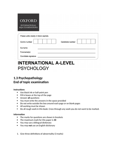 Oxford International AS Psychology - Psychopathology - End of topic exam