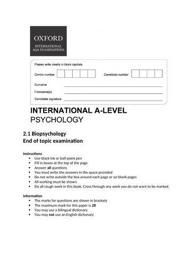 Oxford International Psychology - Biopsychology - End of topic exam