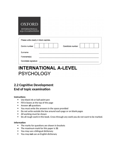 Oxford International AS Psychology - Cognitive Development - End of topic exam
