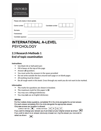 Oxford International Psychology - Research Methods - End of topic exam
