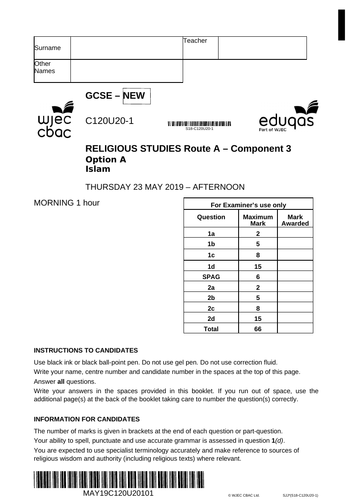 Eduqas GCSE Religious Studies Islam Predicted Paper 2019 (Past Paper Style) + Mark Scheme