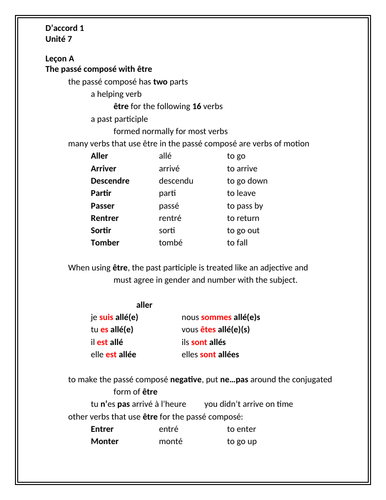 D'accord 1 Unité 7 Study Guide