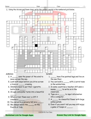 Compound Nouns Interactive Crossword Puzzle for Google Apps