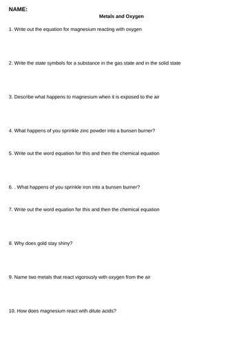 Metals and Oxygen Worksheet KS3 Chemistry