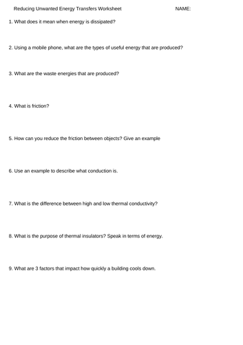 Reducing Unwanted Energy Transfers Worksheet - KS4 Physics AQA