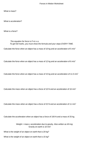 Forces, Weight, Terminal Velocity, Stopping Distance Low Ability Worksheet AQA KS4